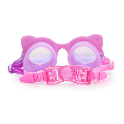back view of kitten kids cat-shaped swim goggles in paw print pink showing strap and back clip