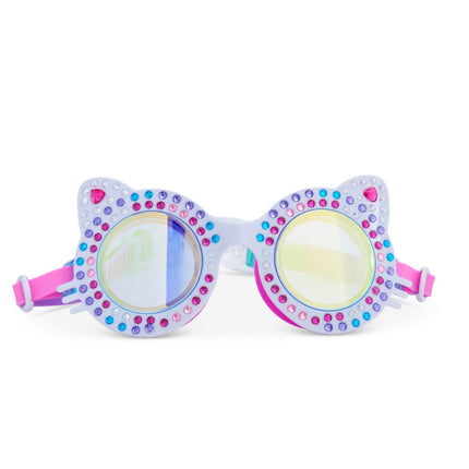 kittens kids cat-shaped swim goggles in porcelain paws white showing multi colored rhinestones