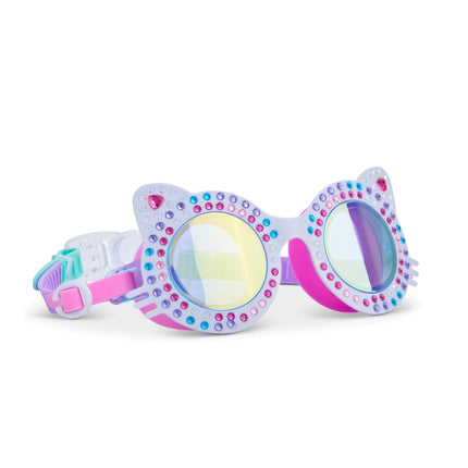 angled view of kittens kids cat-shaped swim goggles in porcelain paws white showing multi colored rhinestones