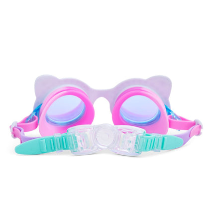 back view of kittens kids cat-shaped swim goggles in porcelain paws white showing strap and back clip