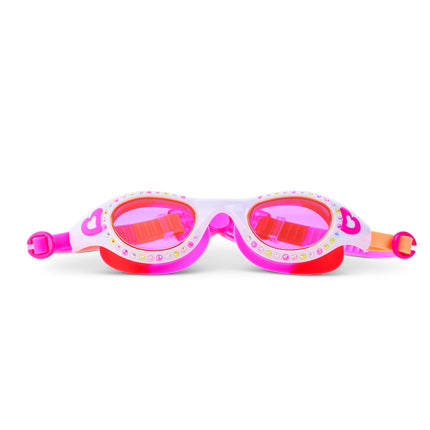 Love Sparkle Kids Swim Goggles in Mango Muse showing rhinestones and heart illustration