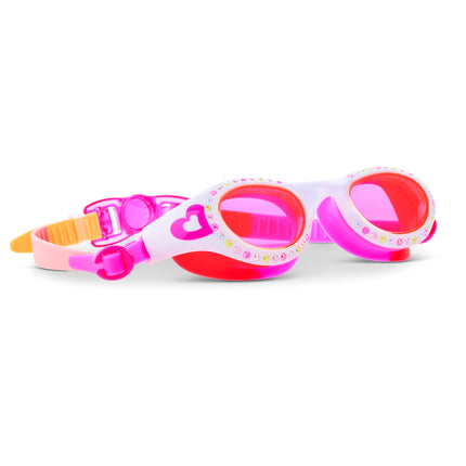 angled view of Love Sparkle Kids Swim Goggles in Mango Muse showing rhinestones and heart illustration