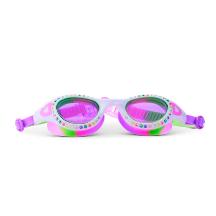 Love Sparkle Kids Swim Goggles in Passion Purple showing rhinestones and heart illustration