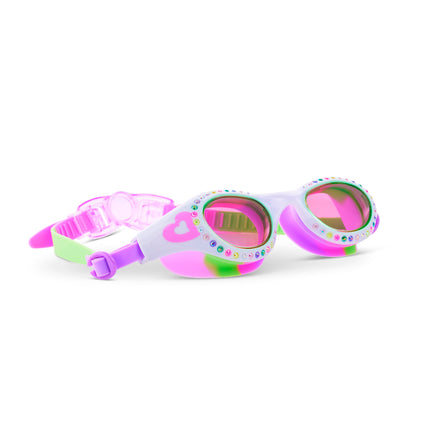 angled view of Love Sparkle Kids Swim Goggles in Passion Purple showing rhinestones and heart illustration