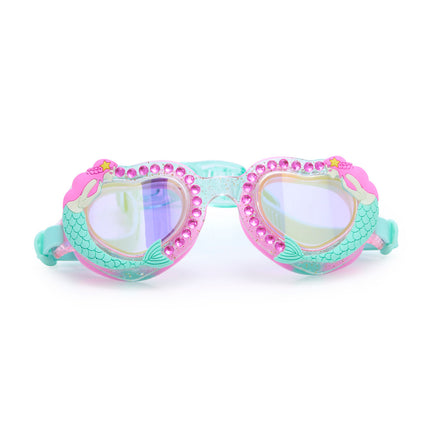 mystical mermaid kids' swim goggles in mermaids kiss showing a glitter infused frame, rhinestones and 3d mermaid detail