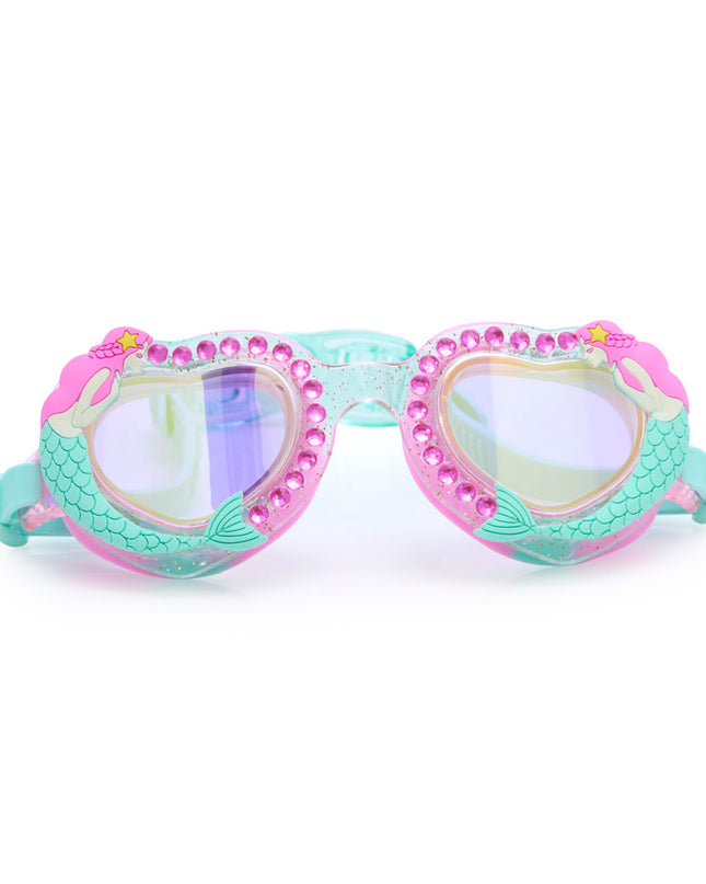 mystical mermaid kids' swim goggles in mermaids kiss showing a glitter infused frame, rhinestones and 3d mermaid detail