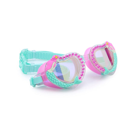 angled view of mystical mermaid kids' swim goggles in mermaids kiss showing a glitter infused frame, rhinestones and 3d mermaid detail