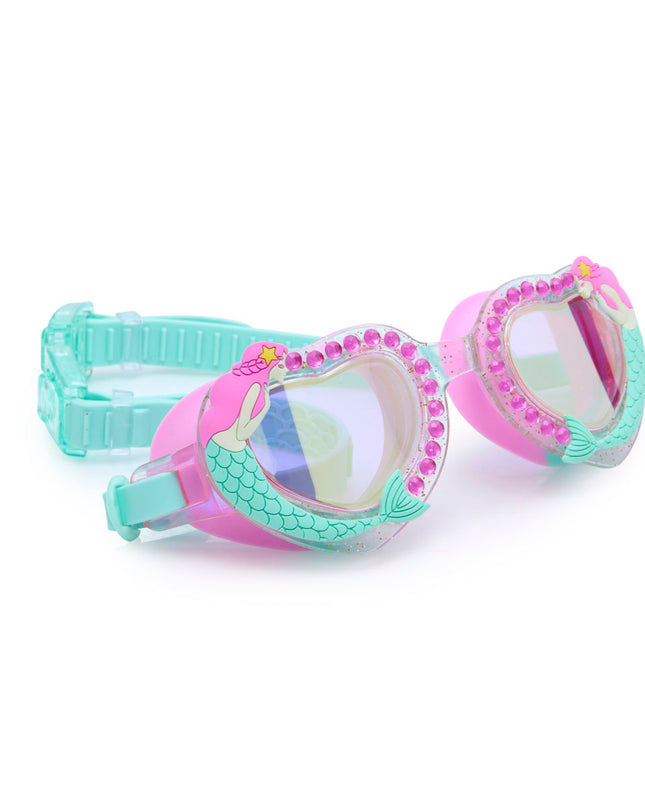 angled view of mystical mermaid kids' swim goggles in mermaids kiss showing a glitter infused frame, rhinestones and 3d mermaid detail
