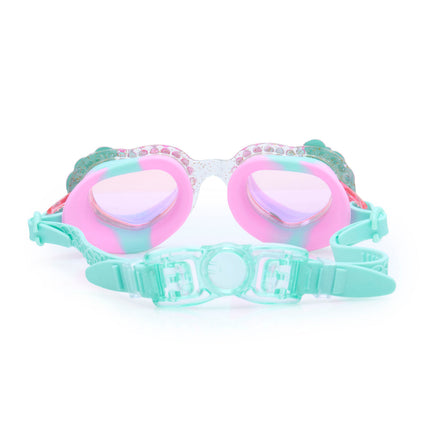 back view of mystical mermaid kids' swim goggles in mermaids kiss showing back clip and strap