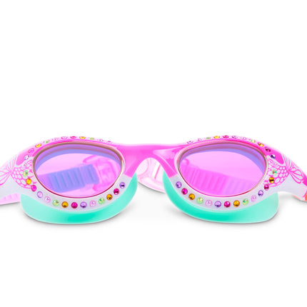 Neptune's Pearl Kids Swim goggles in Magenta Mermaid showing rhinestones and mermaid tail illustration 