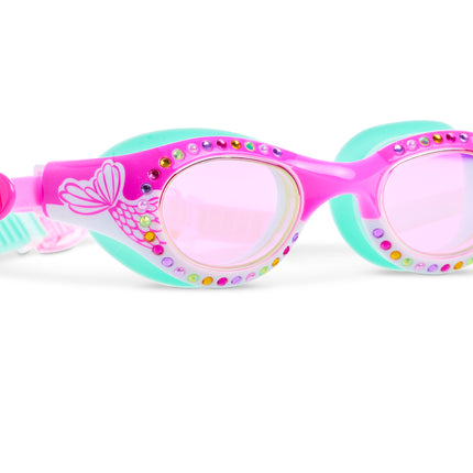 angled view of Neptune's Pearl Kids Swim goggles in Magenta Mermaid showing rhinestones and mermaid tail illustration 