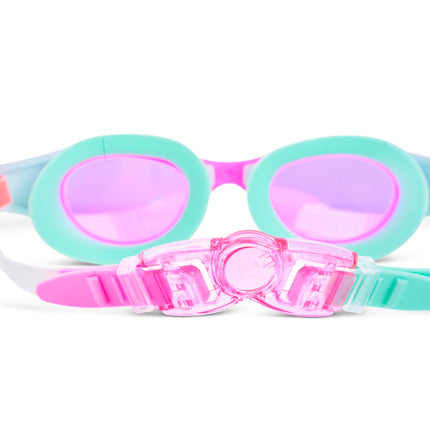 back view of Neptune's Pearl Kids Swim goggles in Magenta Mermaid showing strap and back clip