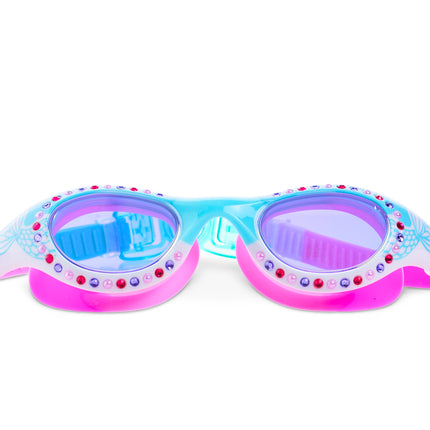 Neptune's Pearl kids swim goggles in seafoam siren showing rhinestones and pink and blue colors on frame and gasket