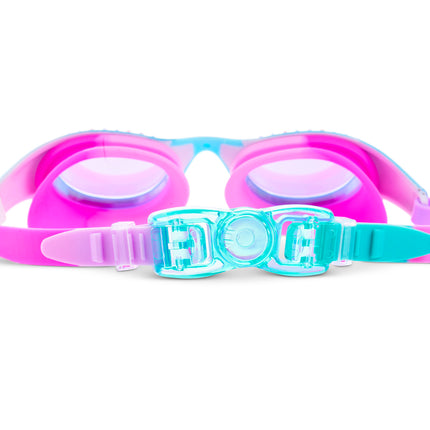 back view of neptunes pearl kids swim goggles showing strap and back clip