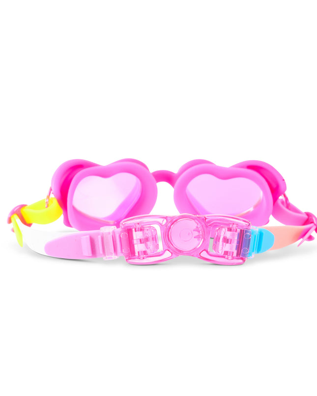 Back view of Plush Crush swim goggles showing adjustable strap and heart-shaped design