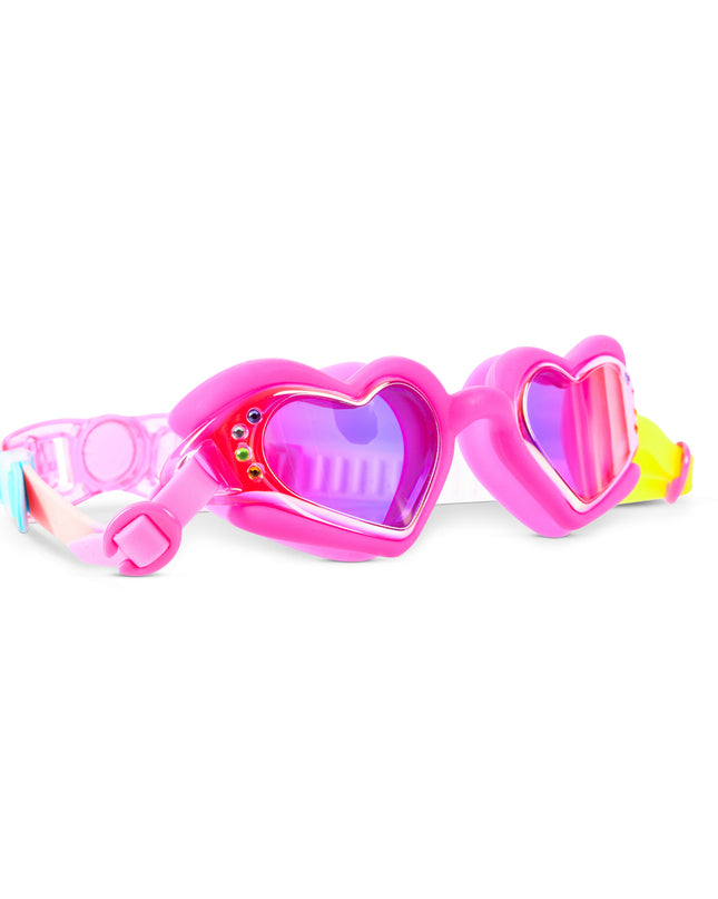 Angled view of Plush Crush heart swim goggles in Hot Crush Pink with cushioned frame