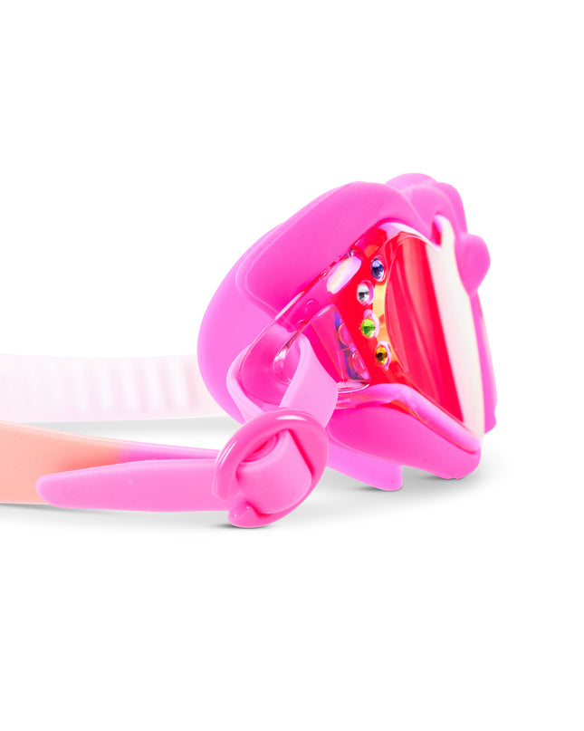 Close-up of Plush Crush heart-shaped swim goggles in Hot Crush Pink showing soft silicone detail
