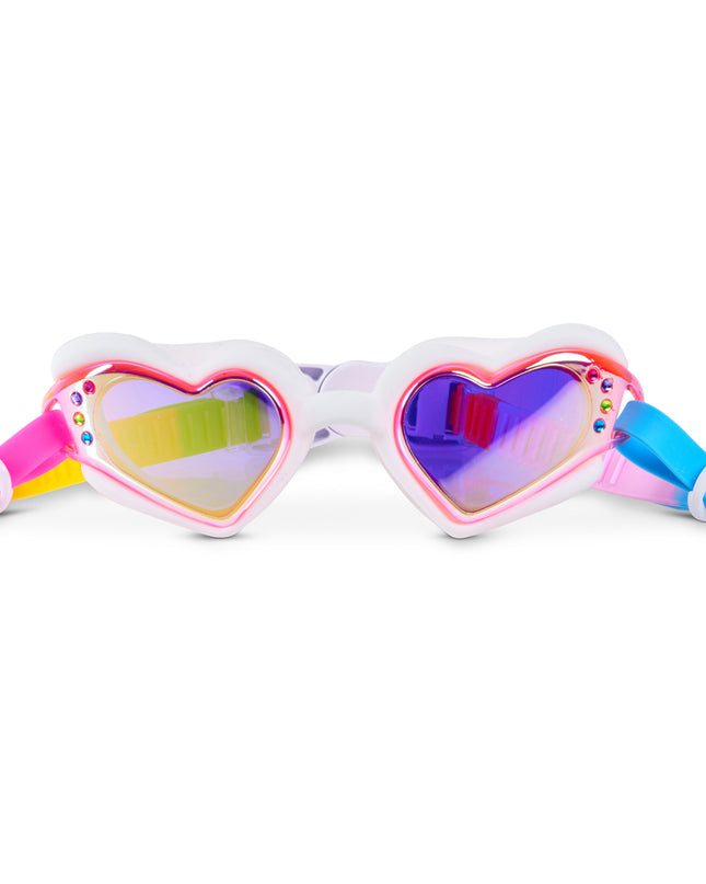 Plush Crush heart-shaped swim goggles in Purely Yours White with mirrored lenses and rhinestones