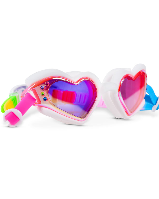 Angled view of Plush Crush Purely Yours White heart swim goggles with gem detailing