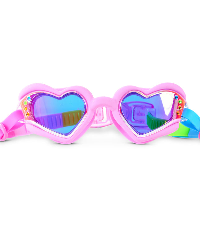 Plush Crush heart-shaped swim goggles in Hot Crush Pink with mirrored lenses and rhinestones