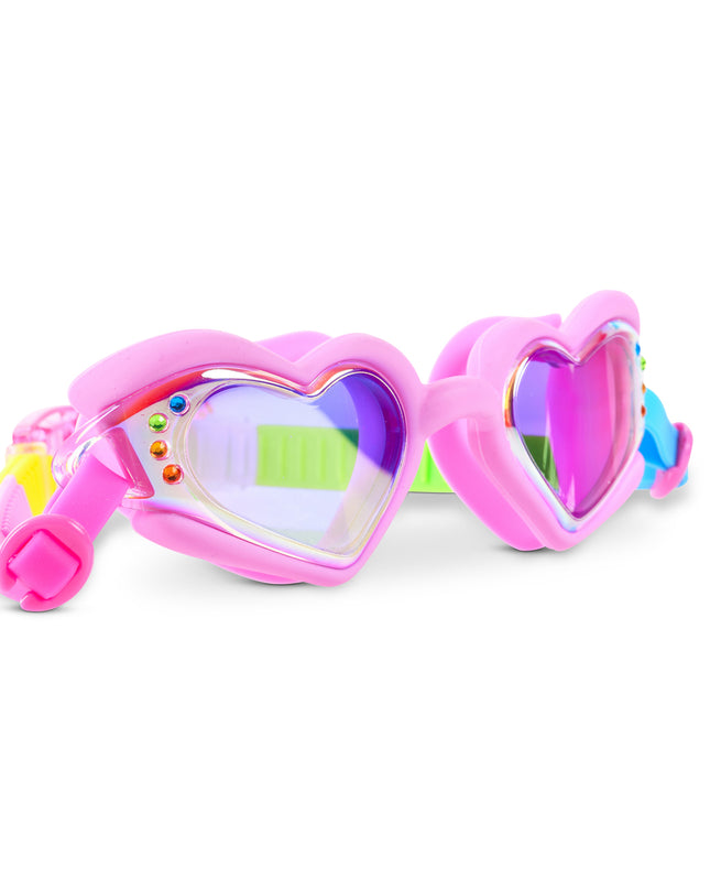 Angled view of Plush Crush Hot Crush Pink heart swim goggles with gem detailing