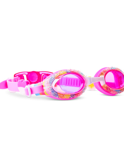 Angled view of Crystal Pop Candy Quartz swim goggles with rhinestone frame