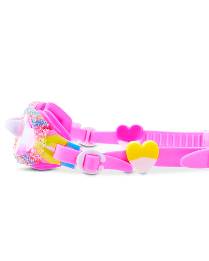 Close-up of Crystal Pop swim goggles in Candy Quartz showing crushed gems and heart sliders