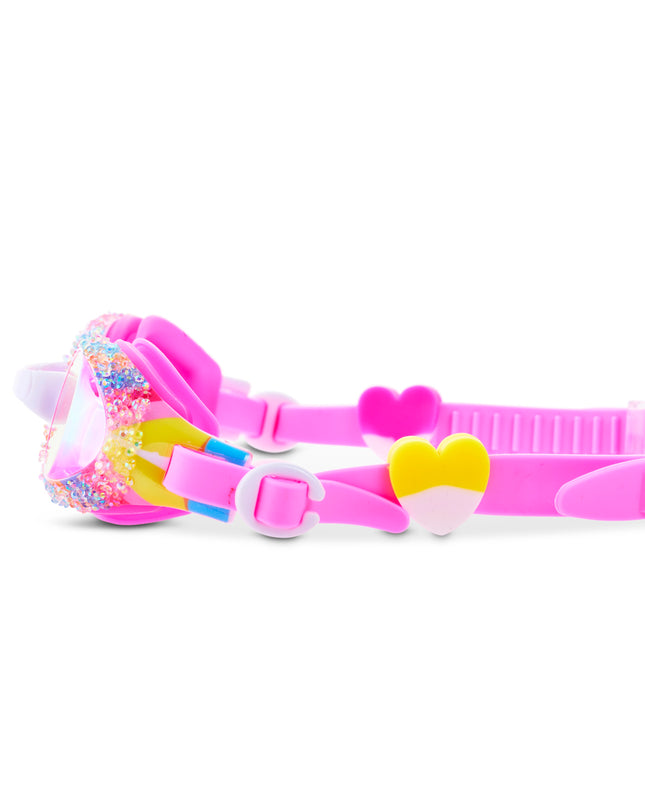 Close-up of Crystal Pop swim goggles in Candy Quartz showing crushed gems and heart sliders