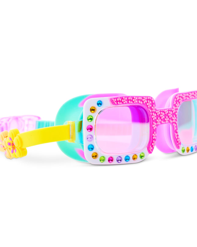 Angled view of Pretty Girl Poppy Petal Pop Pink swim goggles with rhinestone frame