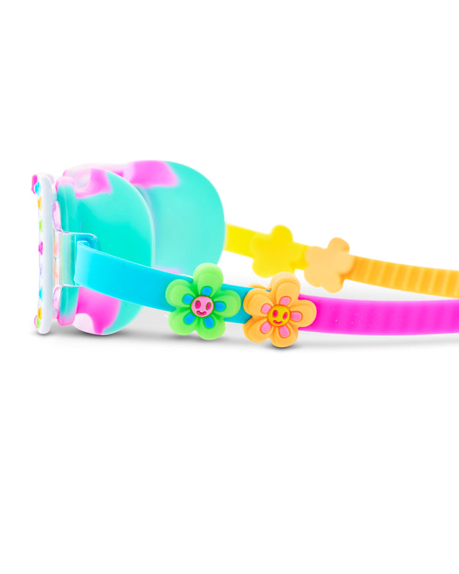 Close-up of Pretty Girl Poppy swim goggles in Petal Pop Pink showing floral sliders and strap