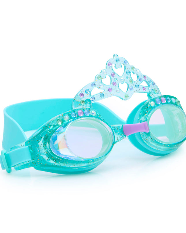 angled view of royal crown kids swim goggles in princess periwinkle showing a glitter infused frame, crown and rhinestone details