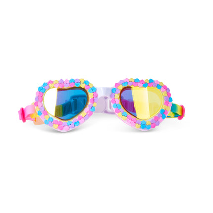 front view of color me smitten in rainbow crush showing mirrored lens and candy heart decoration