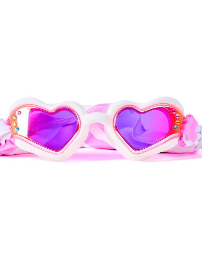 Heart-shaped kids swim goggles in Daydream with iridescent mirrored lenses, rhinestone accents, and easy-on soft strap