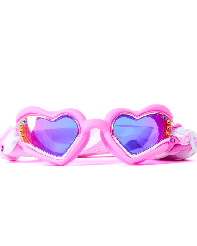 Heart-shaped kids swim goggles in solid Pink Wish with iridescent mirrored lenses, rhinestone accents, and easy-on soft strap