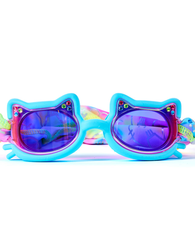 Cat-shaped kids swim goggles in Cozy Blue with mirrored lenses, rhinestone accents, and pastel tie-dye easy-on soft strap