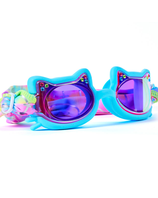 Angled view of Soft Paws Cozy Blue swim goggles featuring blue silicone cat frame, rhinestone details, mirrored lenses, and pastel tie-dye easy-on soft strap