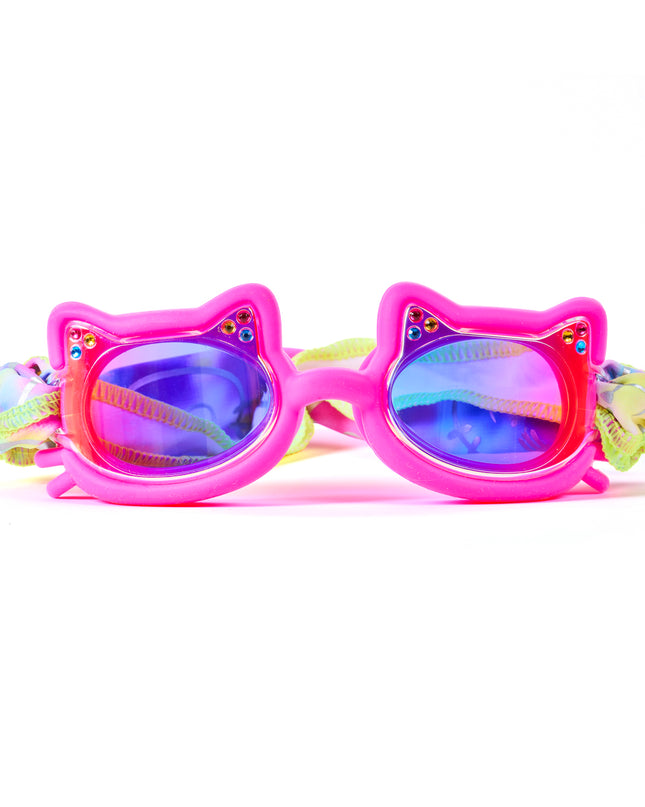 Cat-shaped kids swim goggles in Fuzzy Pink with mirrored lenses, rhinestone accents, and pastel tie-dye easy-on soft strap