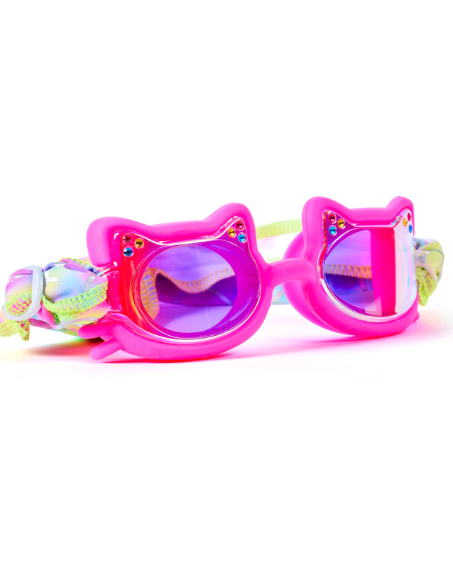 Angled view of Soft Paws Fuzzy Pink swim goggles featuring hot pink silicone cat frame, rhinestone details, mirrored lenses, and pastel tie-dye easy-on soft strap