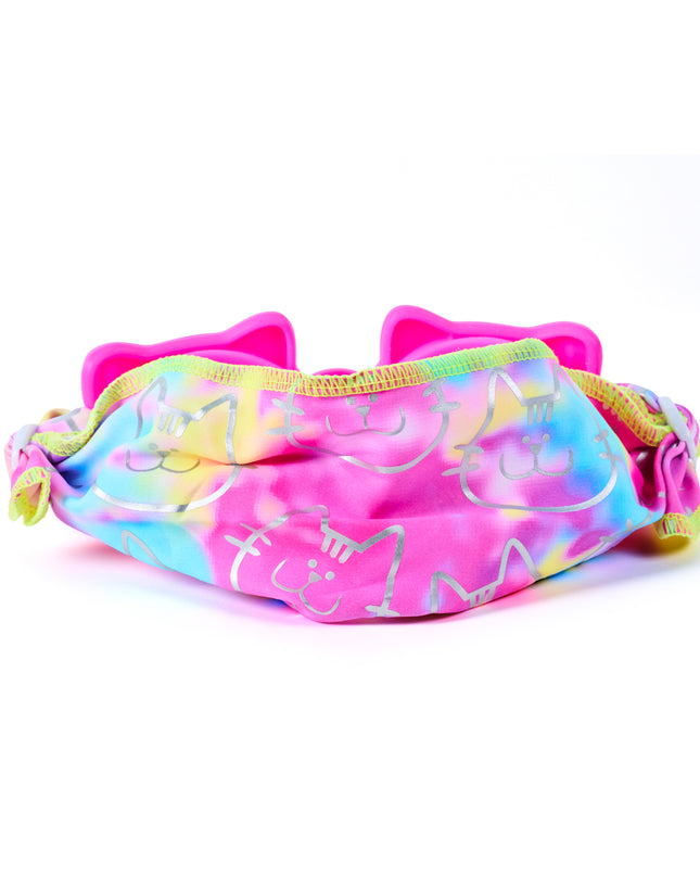 Back view of Soft Paws Fuzzy Pink cat-shaped swim goggles showing adjustable pastel tie-dye easy-on soft strap and stretch fit design