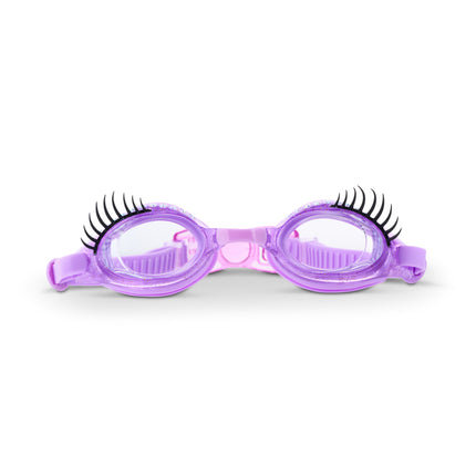 splash lash kids' swim goggles in purple polish showing faux lashes and rhinestones
