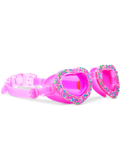 Angled view of Sprinkle Heart swim goggles with sprinkle frame detail