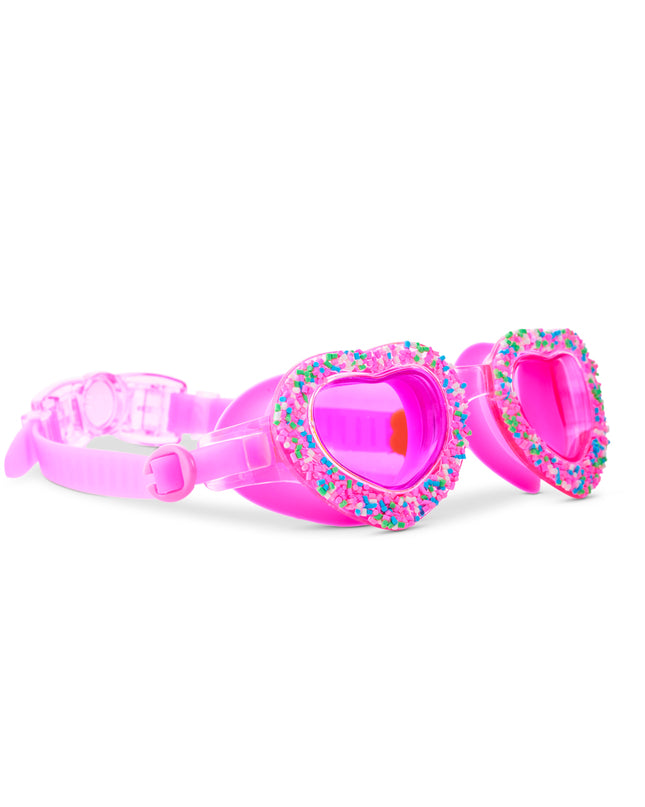 Angled view of Sprinkle Heart swim goggles with sprinkle frame detail