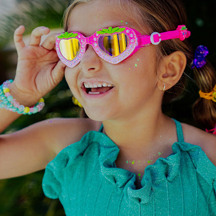 strawberry splash swim goggles in berry pink as seen on news12