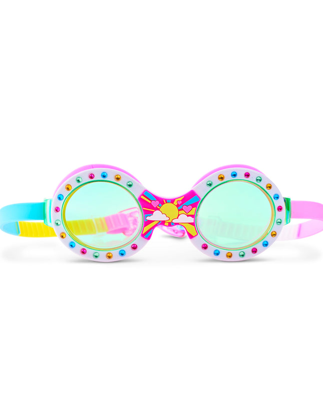 Sunrise Sparkle swim goggles with rhinestones and sunrise design