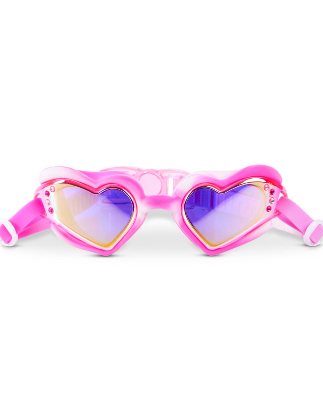 Heart-shaped kids swim goggles in bright pink with iridescent heart lenses and rhinestone accents – Swirl Me Up Pink Drink