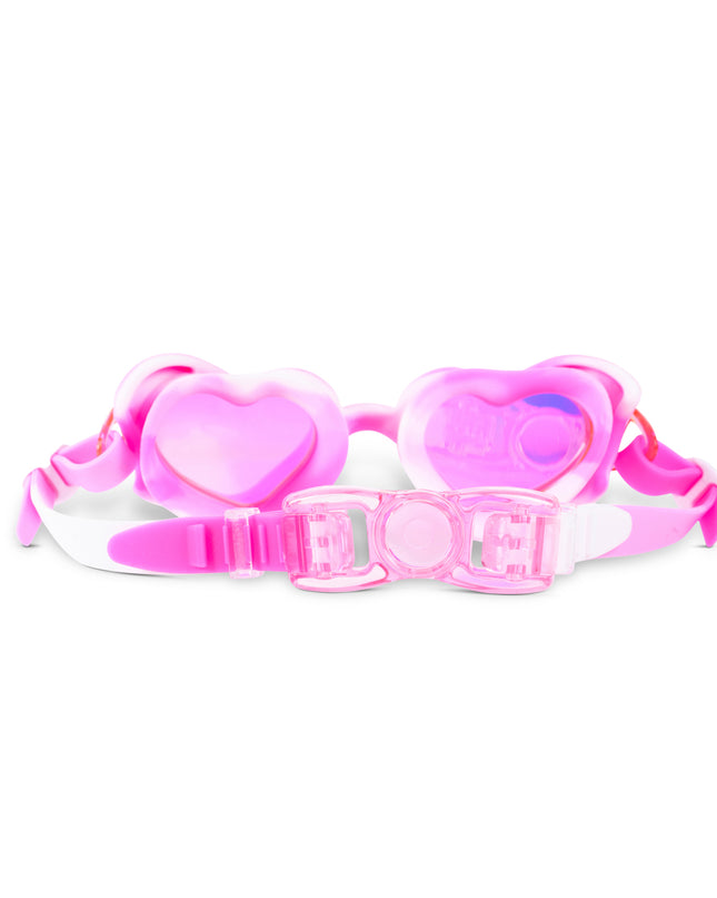 Back view of Swirl Me Up Pink Drink heart-shaped swim goggles showing adjustable strap and back clip closure