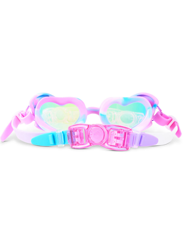 Back view of Swirl Me Up Radberry Twist heart-shaped swim goggles showing adjustable strap and back clip closure