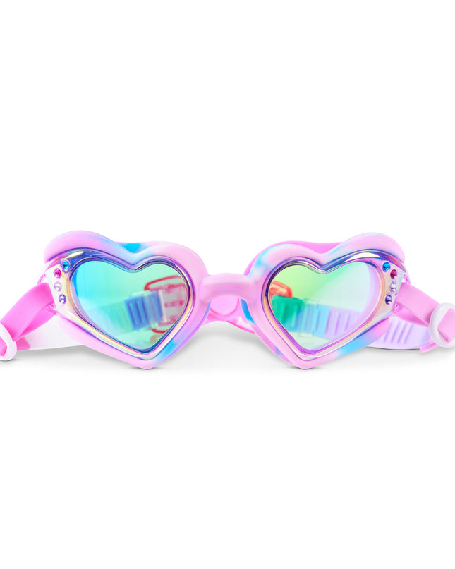 Heart-shaped kids swim goggles in pink, blue, and purple swirl colors with iridescent lenses and rhinestone accents – Swirl Me Up Radberry Twist