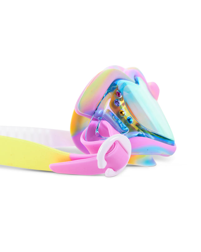 Close-up glam shot of Swirl Me Up Sugar Loop goggles highlighting iridescent heart lenses and rhinestone details