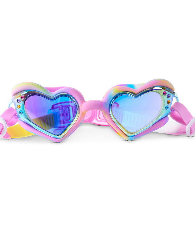 Heart-shaped kids swim goggles in pastel swirl colors with iridescent lenses and rhinestone accents – Swirl Me Up Sugar Loop